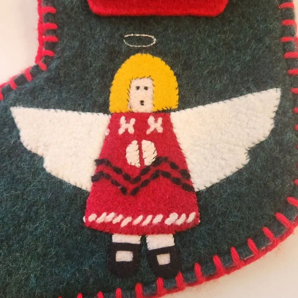 VintageWoolies Felt Christmas Stocking Angel Applique Handmade Primative County